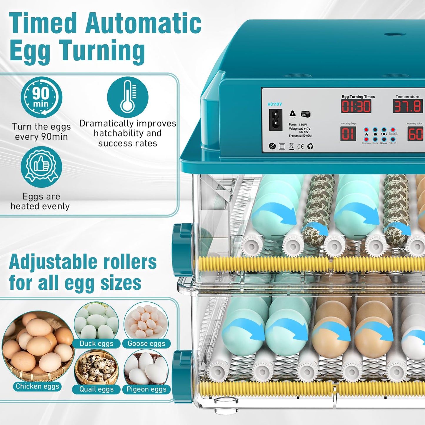 120 Egg Incubator with Humidity Display, Automatic Temperature Control and Egg Turner, Auto Water Replenishment for Hatching Chickens Quail Duck Goose