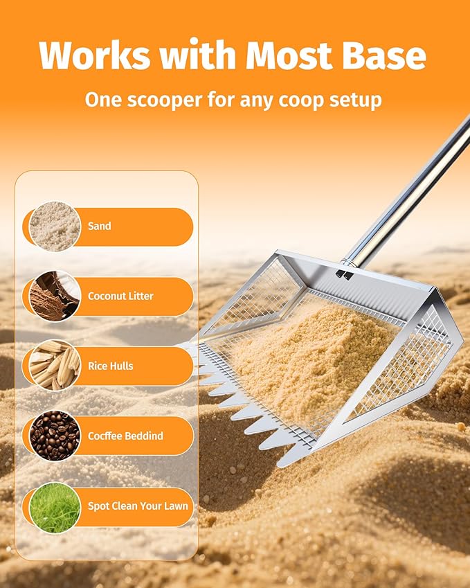 Chicken Poop Scooper & Rake - 2-in-1 Metal Chicken Coop Scoop for Sand with 22 to 62" Adjustable Handle, Litter Sifting Shovel Cleaning Tools for Chicken Run, Animal Farm, Duck Coop, Silver
