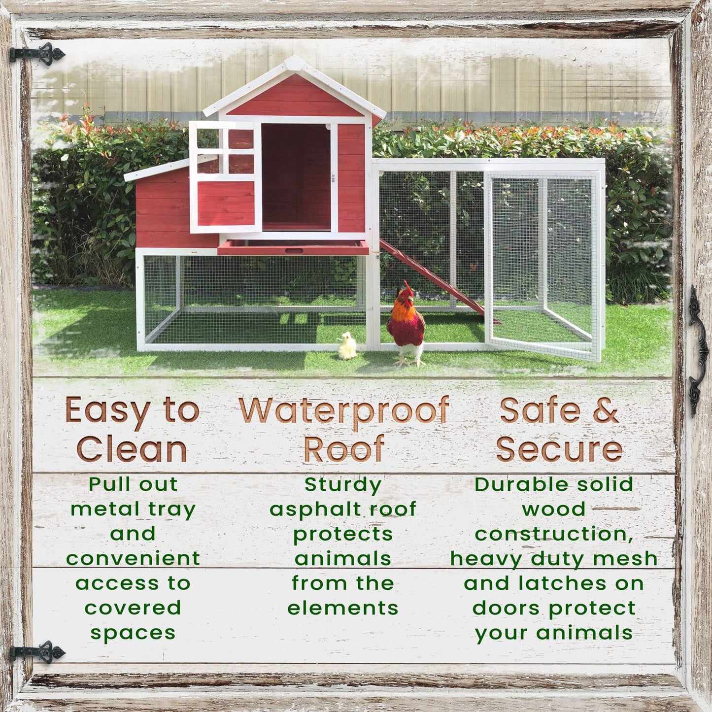 Hanover Outdoor Elevated Wooden Chicken Coop with Ramp, Nesting Box, Large Wire Mesh Run, Waterproof Roof, Removable Tray, Ventilated Fir Wood Chicken Run, Perfect for Backyard, Patio, or Lawn