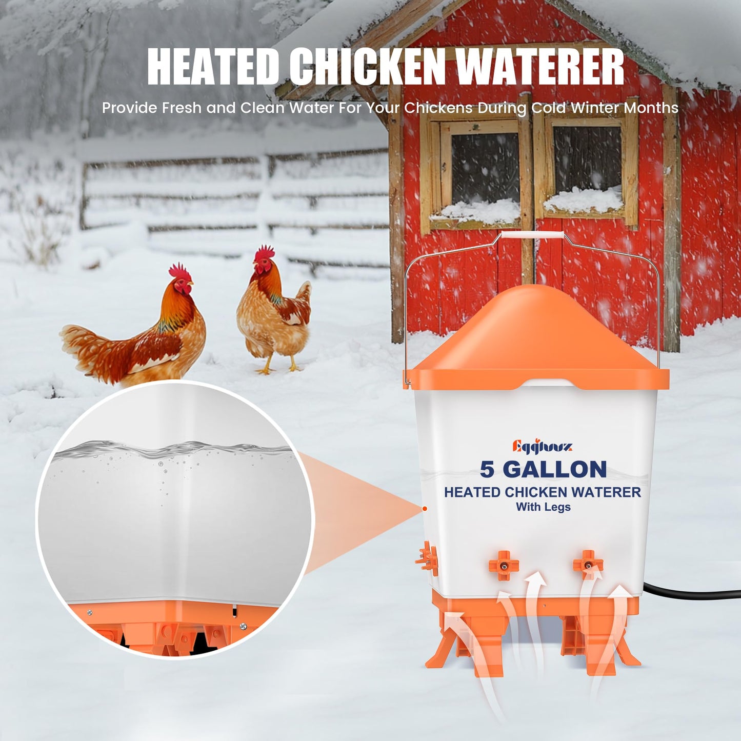 Eggluuz Heated Chicken Waterer 5 Gallon Thermostatically Controlled Poultry Water Heater with 8 Horizontal Nipples for Winter