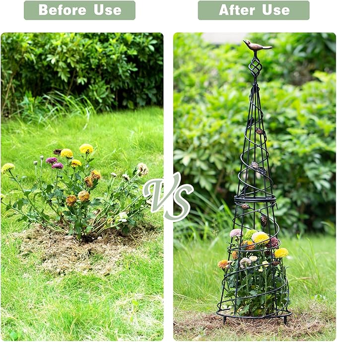 Garden Obelisk 40.5 Inch Metal Trellis for Climbing Plants - Sturdy Support for Rose Bushes & Tall Vines, Featuring Decorative Bird and Leaf Elements, Perfect for Garden Decor