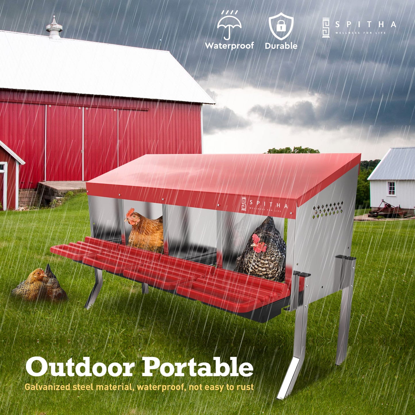 SPITHA Nesting Boxes for Chickens - 4 Hole Reverse Chicken Nesting Box Laying Eggs Coop Compartment Galvanized Stainless Steel and Plastic Nest Roll Out with Perch to 20 Hens with Lid to Protect Eggs.