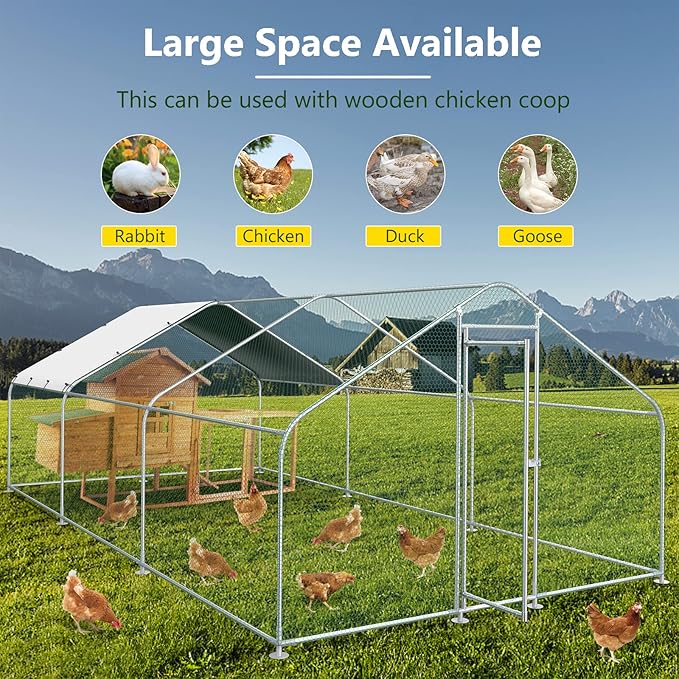 10x20FT Large Metal Chicken Run with Roof, Walk-in Poultry Cage Chicken Coop Runs House for Yard with Waterproof Cover, Ducks Rabbits Habitat Cage Spire Shaped Coop