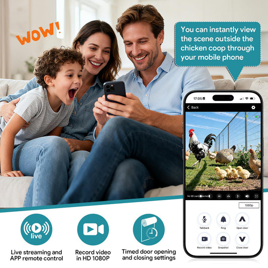 Smart Automatic Coop Door with Camera, WiFi App Control & Timer, Solar Chicken Door Opener, 1080P Night Vision, Anti-Pinch Safety, Real-Time Alerts, Roll-Up Chicken Coop Automatic Door Fits All Coops