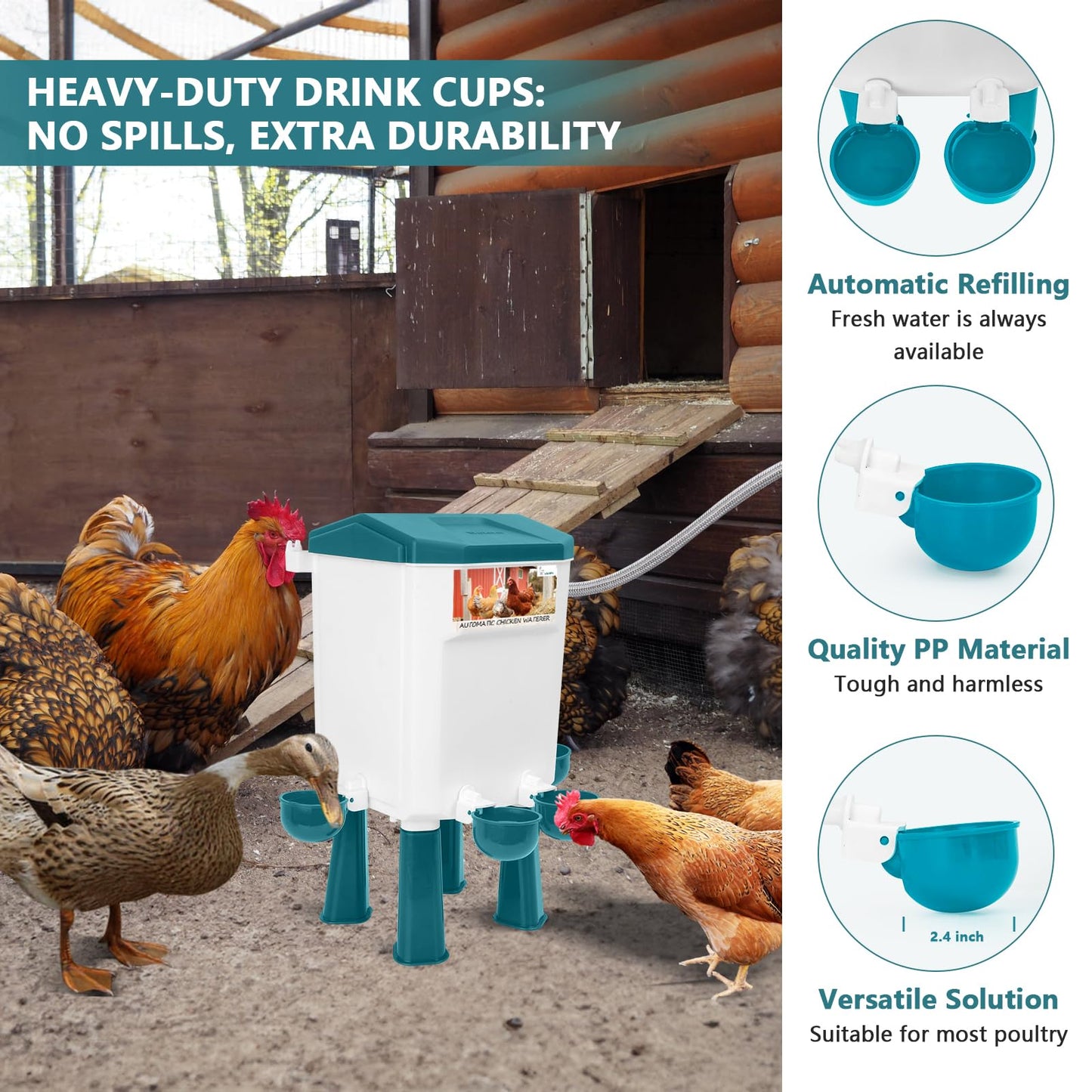 Lilyang Float-Controlled Automatic Chicken Waterer for Continuous Fresh Water, Self Filling Chicken Waterer with 60 Inch Water Hose (One End 3/4''), Suitable for Quail Duck Turkey(Blue, 2 Gallons)