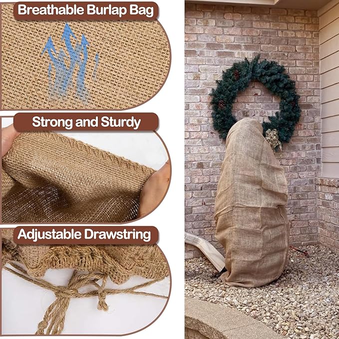 Winter Burlap Plant Cover Bag, Large Burlap Bags with Drawstring, Reusable Jute Sack,Frost Cloth Cold Freeze Protection Cover Bags Tree Freeze Blanket for Outdoor Plants, Shrubs, Bushes(32x47")