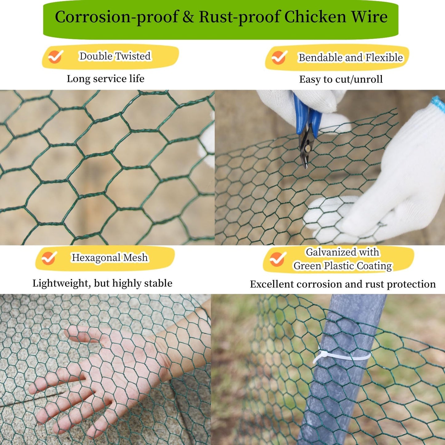Chicken Wire for Floral Arrangements, 15.75" x 157.48" Green Floral Chicken Wire Mesh, 0.6" Anti-Rust Hexagonal Galvanized, PVC Coated Hardware Cloth Metal Netting for Crafts Poultry Garden Fencing