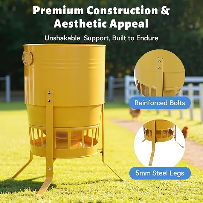 KOL Metal Chicken Feeder - 50lbs Poultry Feeder with 16 Ports, Powder Coated Rust-Proof Design & Smooth Edges for Safe Feeding (Yellow)
