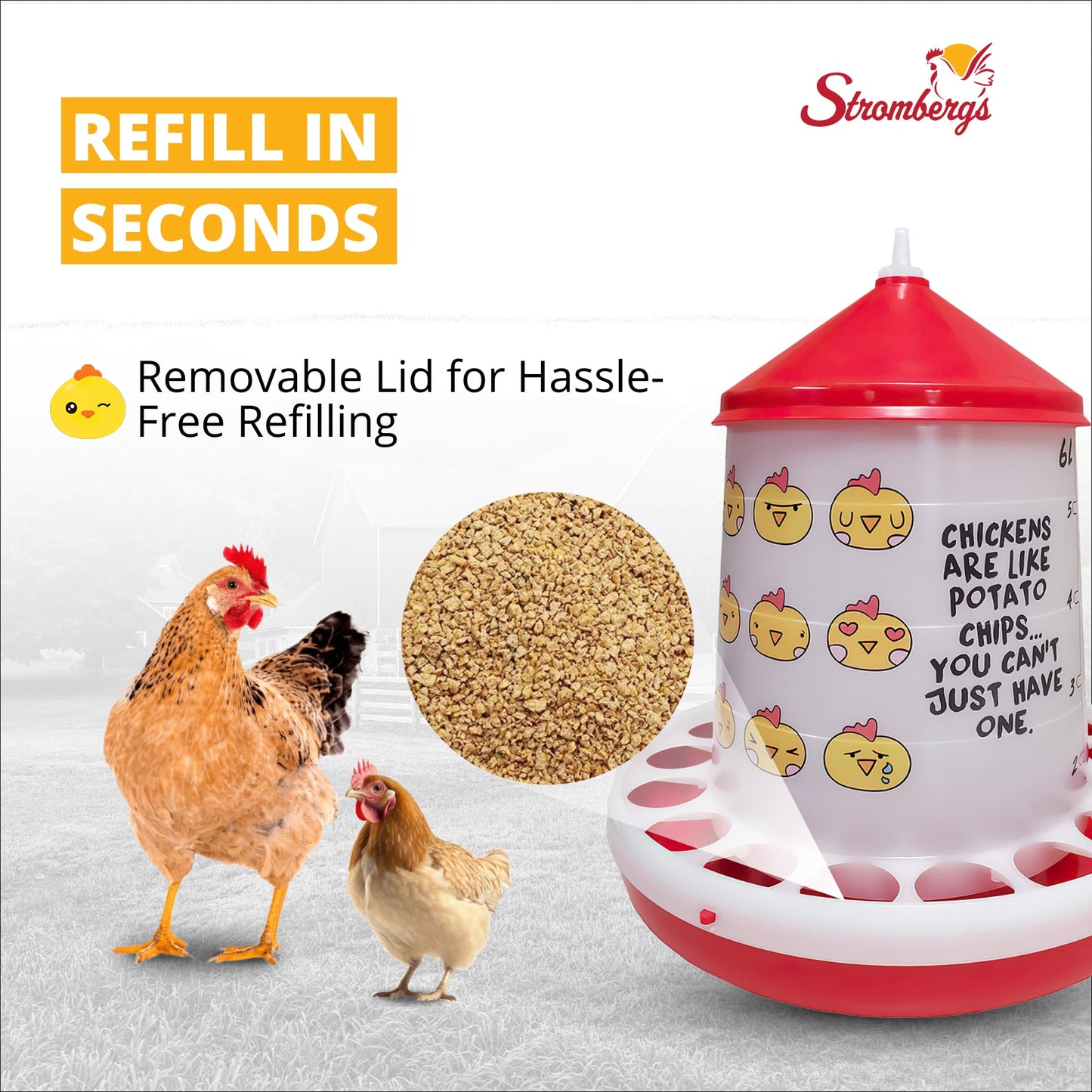 Stromberg's Chicken Emoji Poultry Feeder, 9 lb, Translucent Plastic, Easy Food Level Monitoring, Durable Design, Removable Lid, Fun Poultry Setup, Ground or Hanging Feeder
