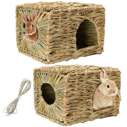 Hamiledyi 2PCS Large Grass House for Rabbit, Edible Bunny Hut Natural Grass Woven Foldable Pet Play Hideaway Hay Mat Chew Toys for Guinea Pig Hamster Chinchilla 14.5x11.4x10.2 inches