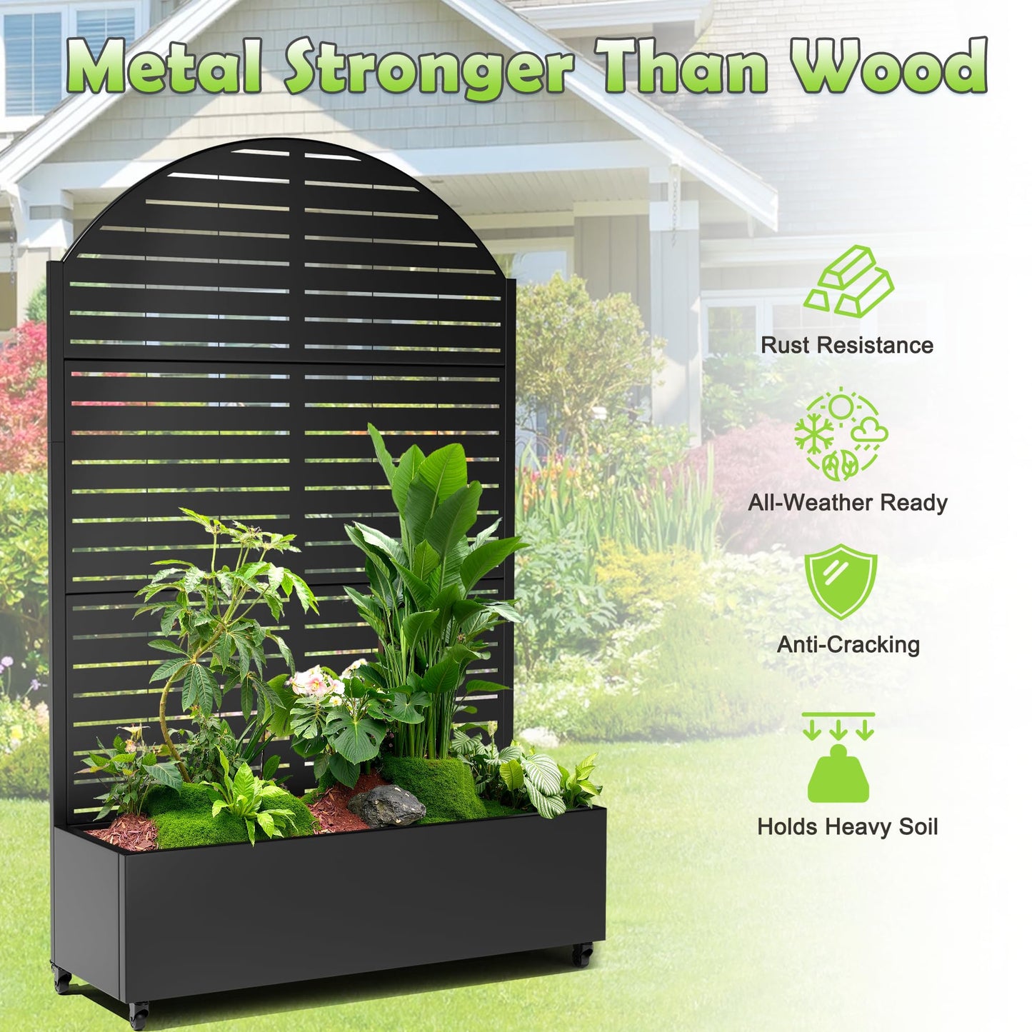 15.7"×70.9"×47.2" Metal Raised Garden Bed with Trellis and Wheels - Tall Trellis Planter Box for Climbing Plants, Vegetables & Vines - Outdoor Privacy Planters for Patio (Black-Louvered)