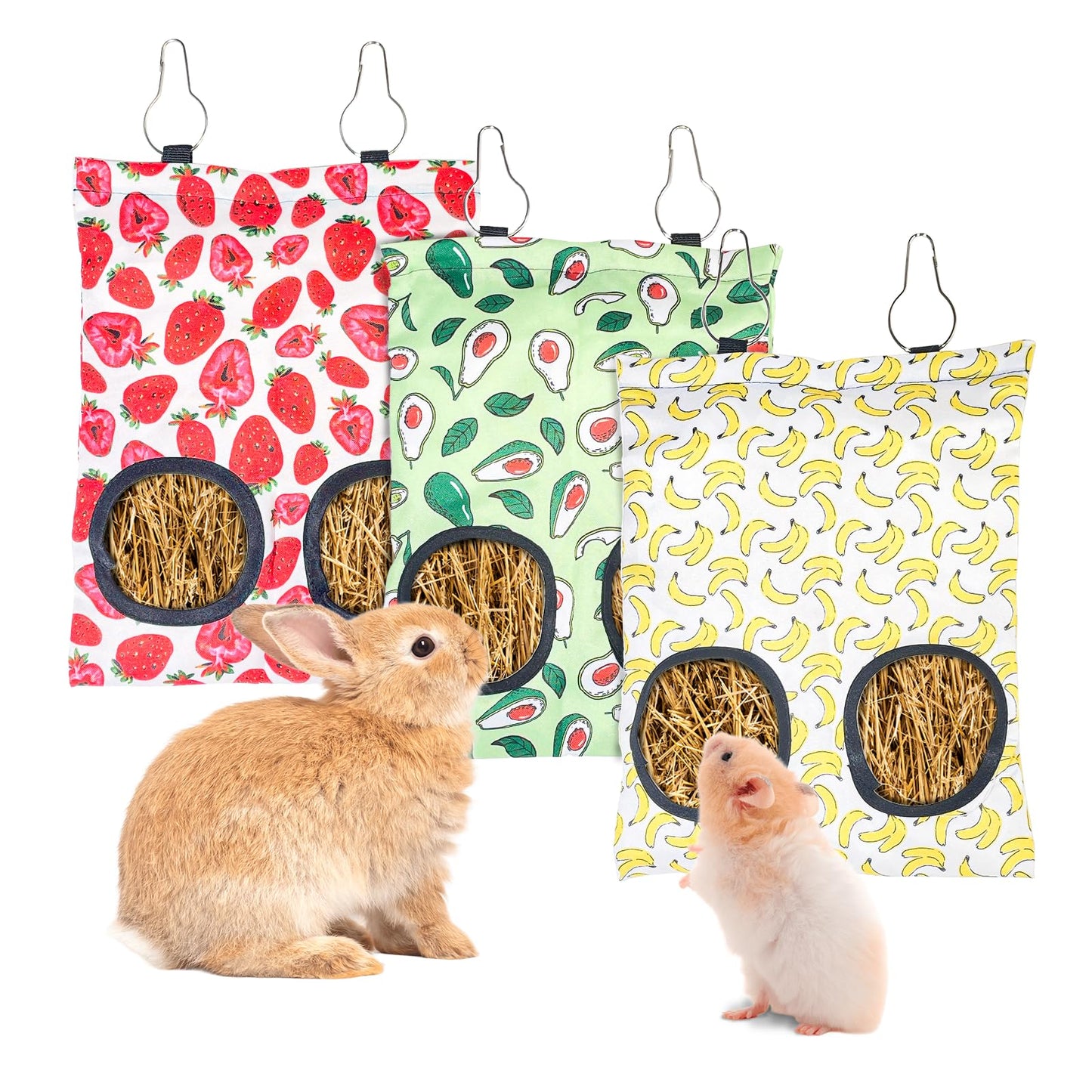 3Pcs Rabbit Hay Feeder Bags,Hanging Guinea Pig Hay Bags,Washable Bunny Hay Bags with 2 Holes for Rabbits Chinchillas Hamsters and Other Small Pets