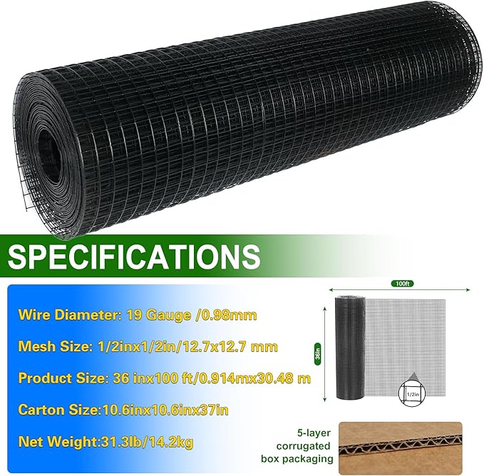 Black Hardware Cloth 1/2inx36inx100ft, 19GA, Chicken Wire Fencing Roll, Black Chicken Wire Mesh, Vinyl PVC Coated Welded Wire Mesh for Chicken Coop Barrier, Rabbit Snake Poultry Fences