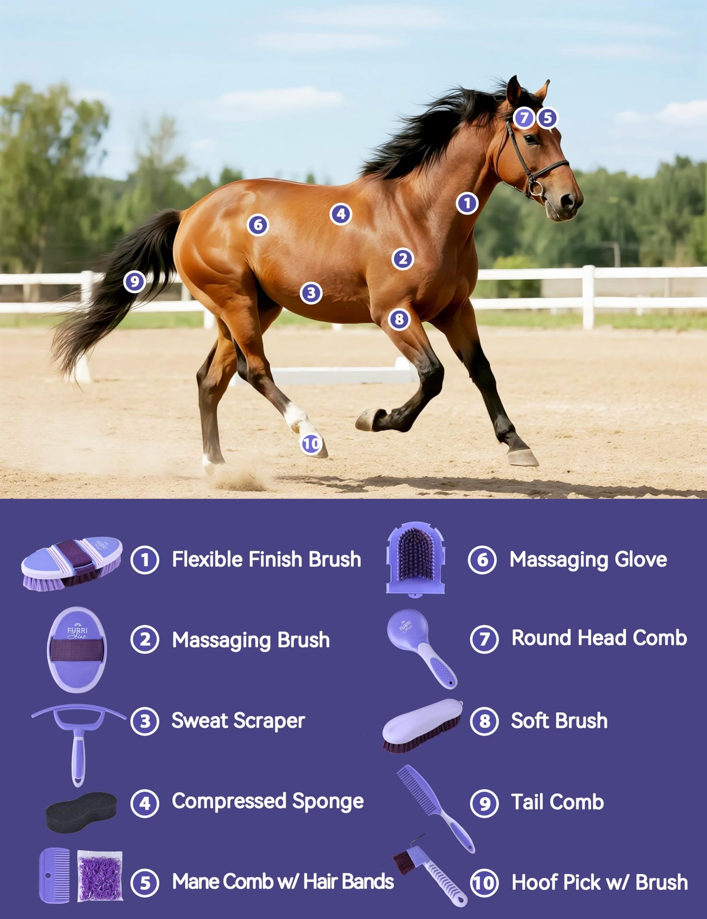 Furrishine 11PCS Horse Grooming Kit Curry Comb Sweat Scraper Horse Bathing Supplies Grooming Tools with Storage Bag Sugar Taro