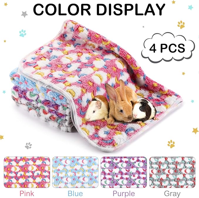 Reginary 4 Pcs Waterproof Guinea Pig Blankets Washable Small Animal Fleece Bedding Absorbent Guinea Pig Cage Liners Reusable Pet Pee Pad Sleep Mat for Hamster Ferret(Moon Star Pattern,12 x 12 Inch)