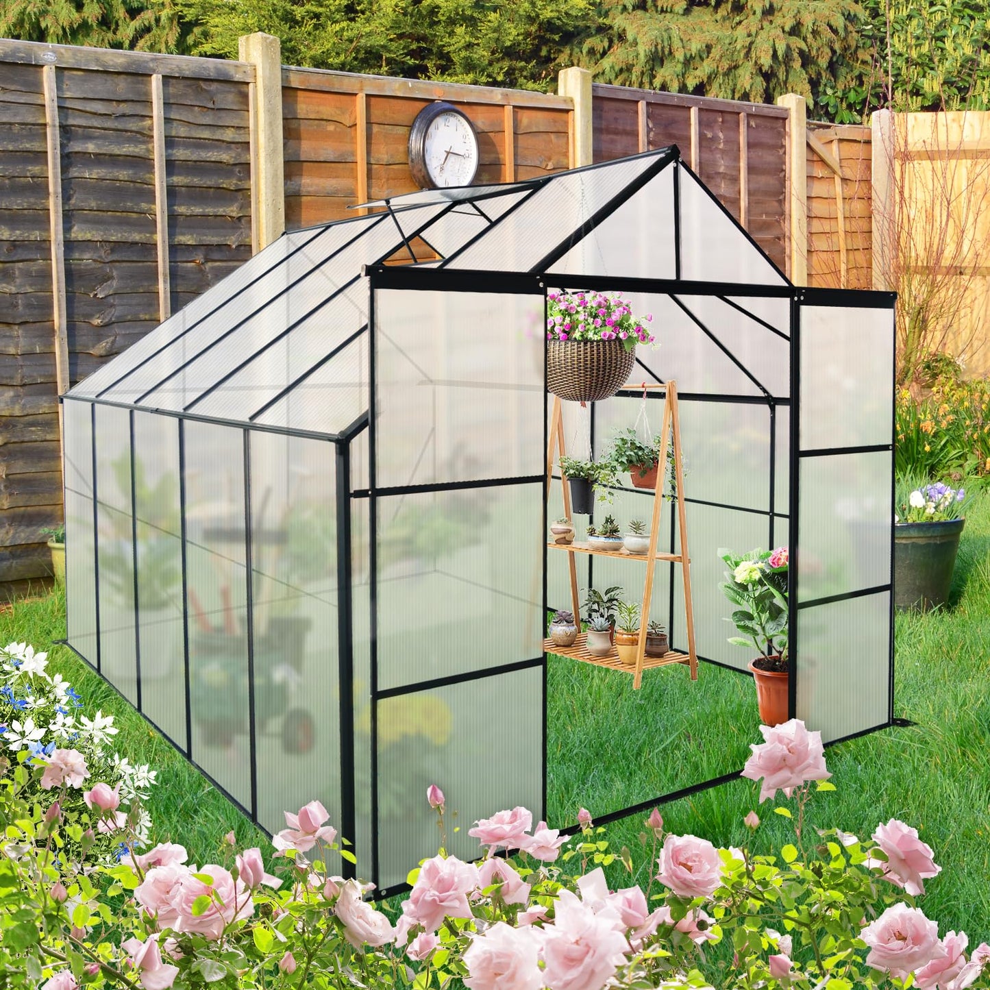 YOPTO 8×10 FT Greenhouse for Outdoors,Backyard Anchor Aluminum Heavy Duty Walk-in Green Houses with Drainage System & Galvanized Frame,Double Sliding Door Polycarbonate Raised Plant Base,Black