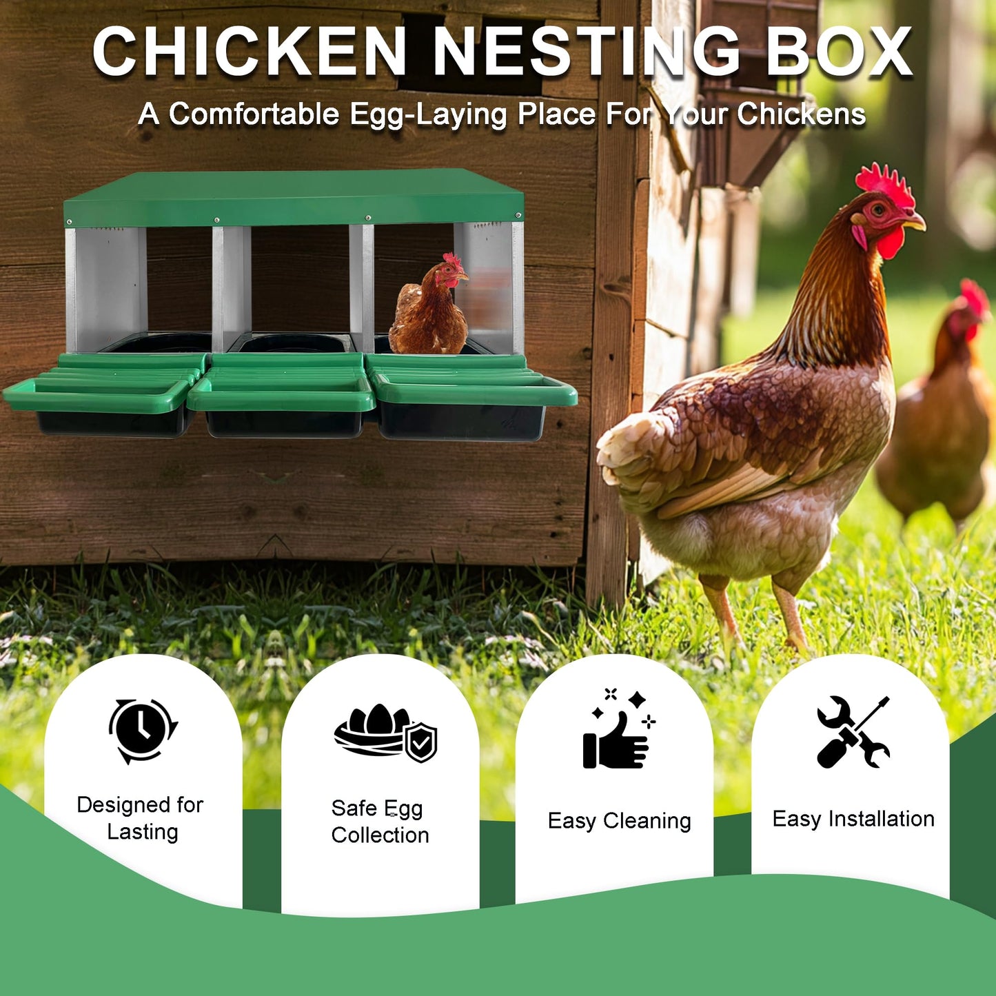 Eggluuz Chicken Nesting Box, 3 Compartments Chickens Egg Laying Nest Boxes for Hens Green