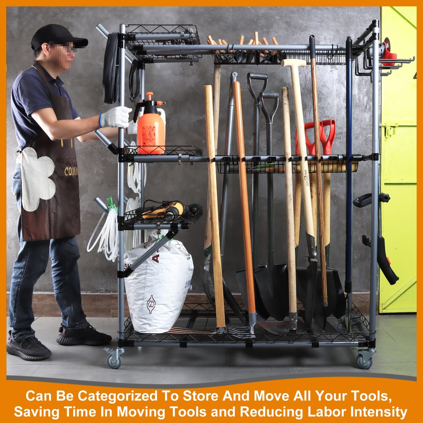 QTJH BIG Garden Tool Organizer with Wheels - Rolling Storage Rack - Multifunctional Cart