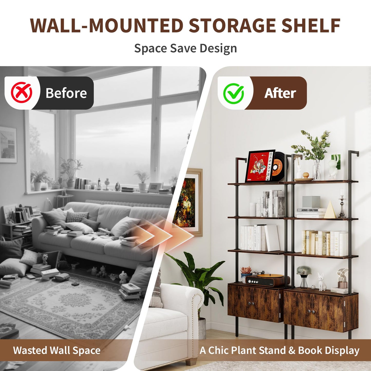 CAMOAT 4-Tier Ladder Bookcase,Wall Mounted Bookshelf with Cabinet:Space-Saving Corner Storage Shelves,Blanket Ladder&Bathroom Wall Shelf,Open Industrial Shelf -Maximize Living Room,Bedroom,Home Office