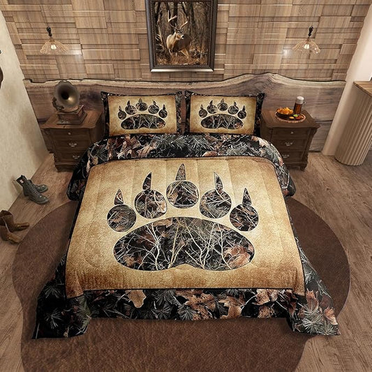 Erosebridal Rustic Farmhouse Bedding Sets Full Camo Bear Paw Comforter Set Woodland Hunting Camouflage Animal Bedding Comforter Sets for Kids Boys Adults Men,Retro Cabin Wildlife Quilt Set