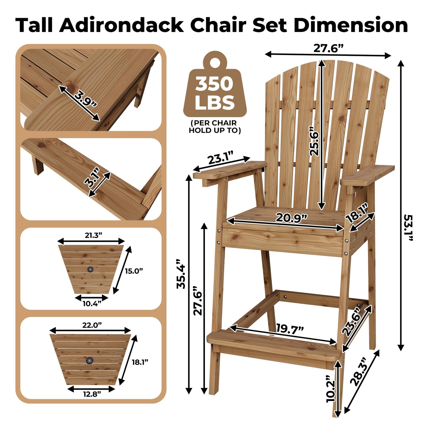 GarveeLife Outdoor Bar Height Adirondack Chairs with Connecting Tray, Balcony Chairs Adirondack for Deck, Backyard, Outdoor Tall Adirondack Chairs, Patio High Set of 4, Natural Wood
