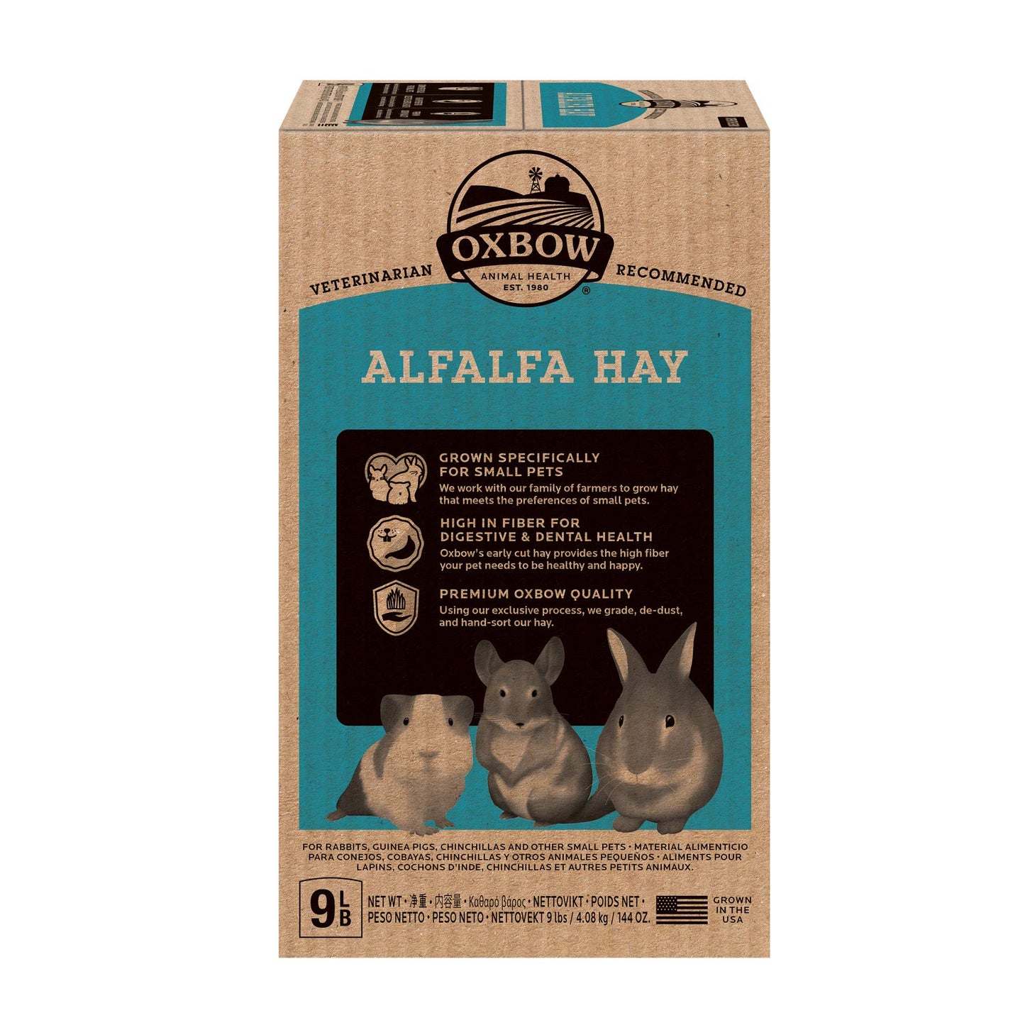 Oxbow Animal Health Alfalfa, Guinea Pig Hay, Rabbit Hay, Small Pet Bunny Supplies, All Natural Grass for Guinea Pig, Bunny, Chinchilla & Hamster, Oxbow Rabbit Supplies, Grown in USA, 9 lb box