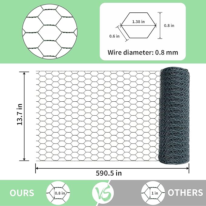 Chicken Wire 13.7 in x 590.5 in Poultry Wire Netting Hexagonal Galvanized Mesh Garden Fence Barrier for Pet Rabbit Chicken Fencing with 100 Pcs Cable Zip Ties(PVC-Coated)