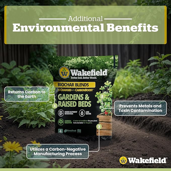 Wakefield Biochar Blend with CarbonBoost™ Technology – Enhanced Water & Nutrient Retention for Raised Bed Garden Soil - Ultimate Organic Potting Soil Mix for Vegetables, Gardens and Houseplants - 4qt