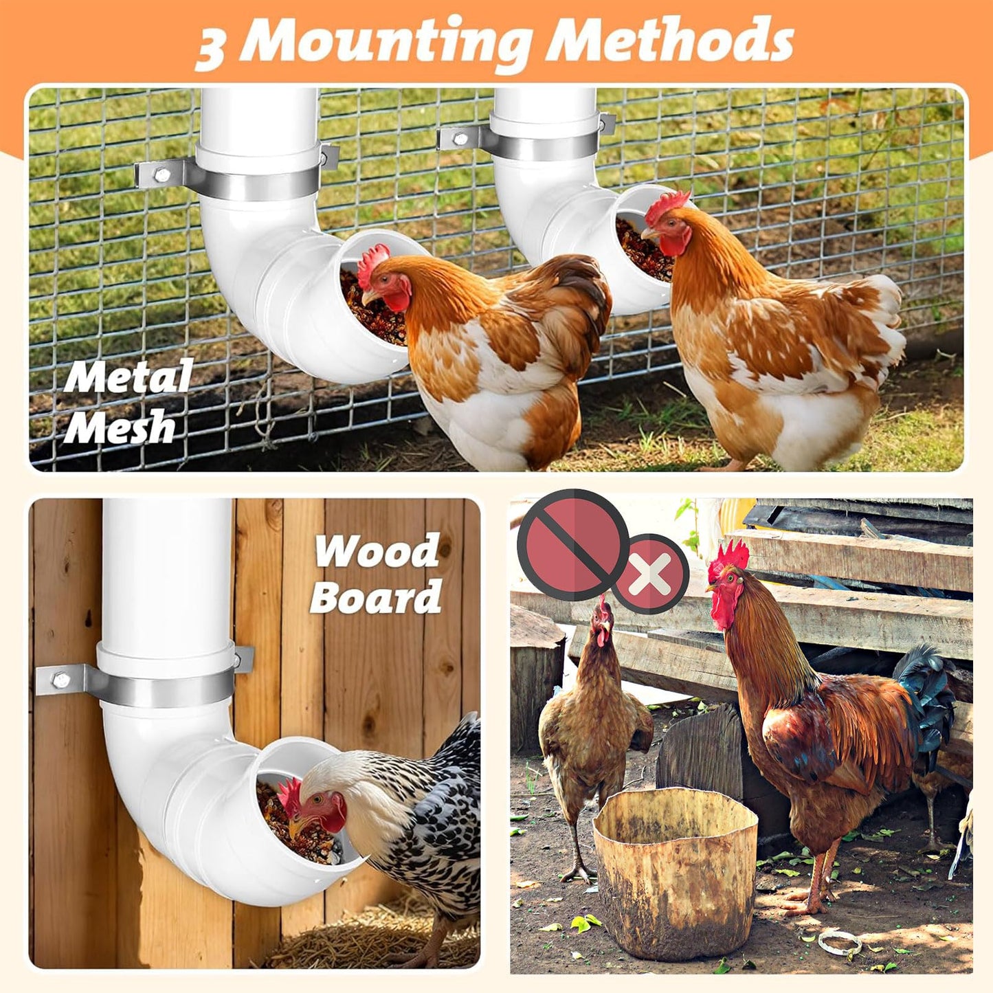 3 Pack Automatic Chicken Feeder No Waste, PVC Pipe Chicken coop Feeder, Rat Proof Chicken Feeder, with Lid Hanging Chicken Feeder, for Chicken Poultry Feeder