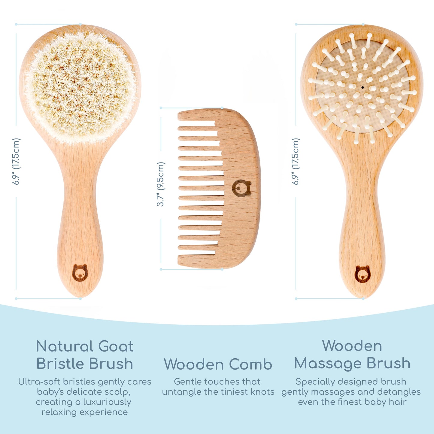 ROMY RO 3 Piece Wooden Hair Brush Set for Newborns & Toddlers - Ultra Soft Natural Goat Hair and Wood Brushes in Chic Gift Box