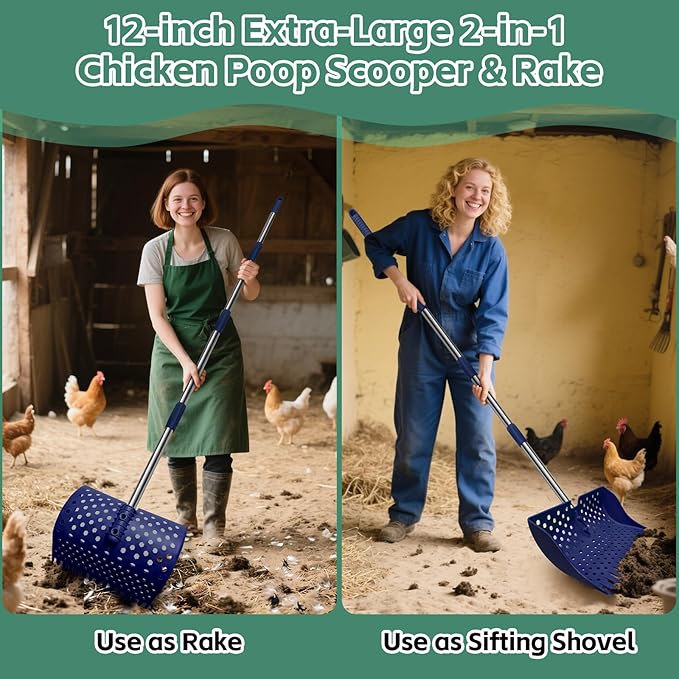 US Patent Pending 12-Inch 2-in-1 Chicken Poop Scooper & Rake,3-Shape Sifting Holes Chicken Coop Rake，Stainless Steel Handle （20–61"）– Litter Scooper & Sand Sifting Shovel for Chicken Coops（Blue）
