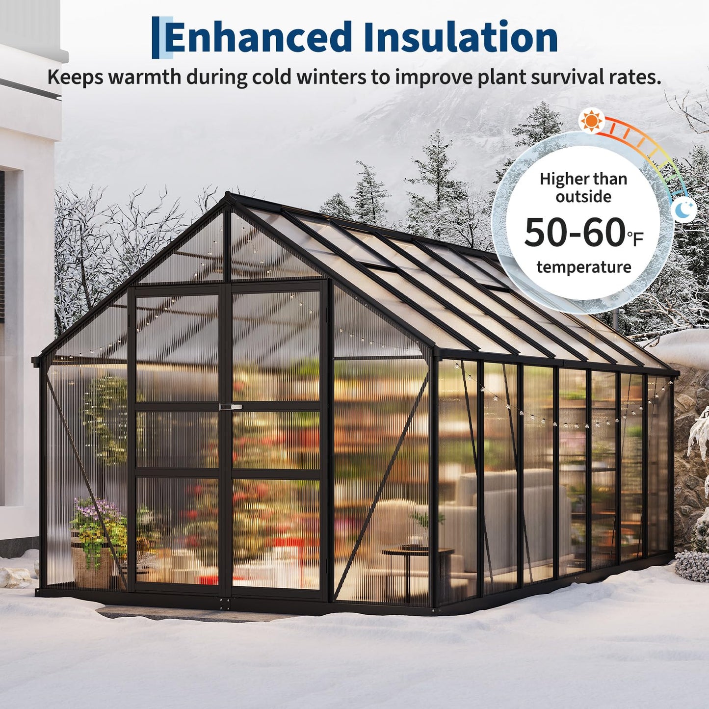 Garvee 8x14 FT Greenhouse, Easy Assembly Polycarbonate Greenhouses for Outdoor with Adjustable Roof Vent, Large Aluminum Walk-in Greenhouse with Lockable Hinged Door for Patio, Backyard, Garden, Black