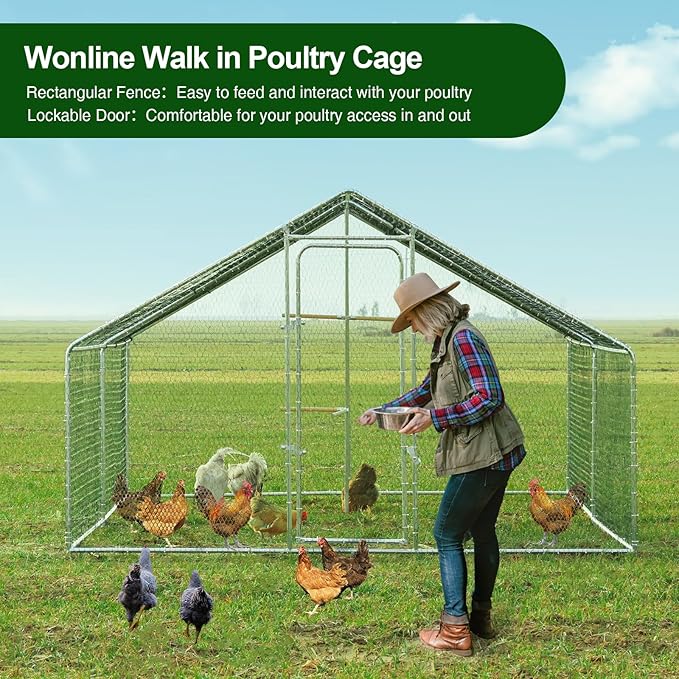 Chicken Coop Large Metal Chicken Run, Outdoor Walk-in Poultry Spire Roof Cage with Chicken Perch for Hen House, Duck Coop and Rabbit Run, Silver (9' L x 13.1' W x 6.56' H)