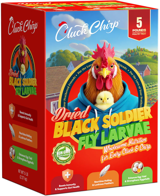 Cluck Chirp Dried Black Soldier Fly Larvae, Non-GMO, Natural Chicken Treats & High-Protein Poultry Snacks for Backyard Chickens, Laying Hens & Ducks, 5 lb Box