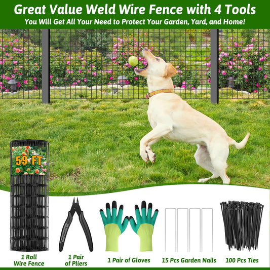 ROADPLUM Welded Wire Fencing 59ft×24in, Black PVC Coated Wire Mesh Garden Fence Vinyl Metal Wire Mesh Wire Fence Rolls for Making Yard Fence Plant Protector Dog Poultry Netting(14Ga, 2.3in X 2.3in)
