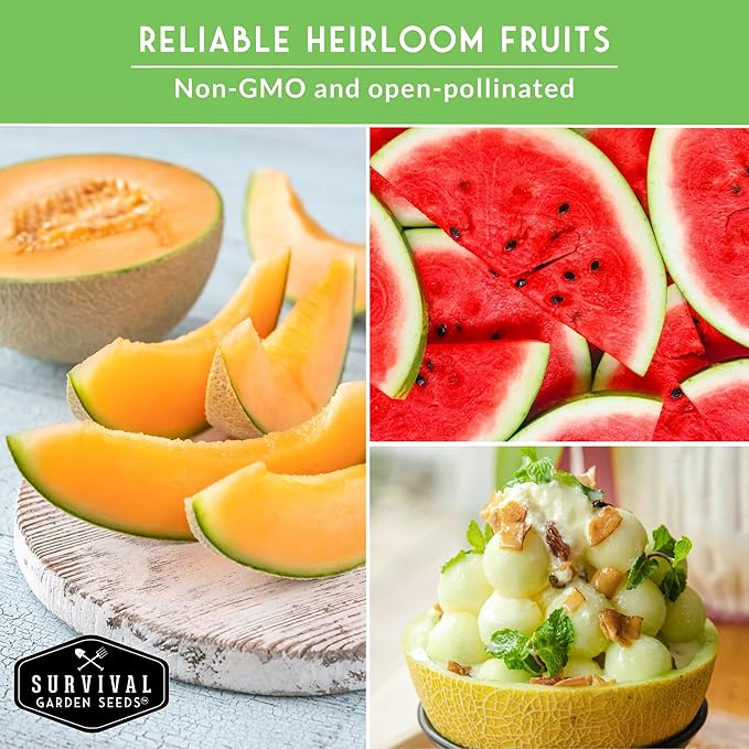 Survival Garden Seeds - 8 Fruit Seed Collection for Growing Watermelon, Cantaloupe, Melon, Strawberry, and Cucamelon Plants in Your Home Vegetable Garden - Non-GMO Heirloom Fruit Seeds Variety Pack