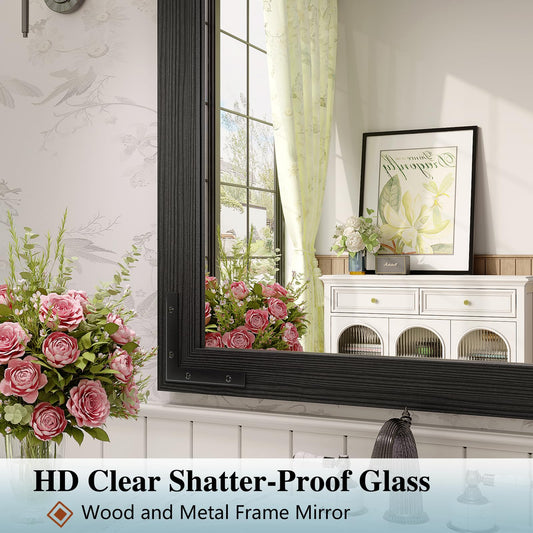 JIINGYO Farmhouse Bathroom Mirror, 55x36 Inch Black Vanity Mirror for Wall, Wood Framed Rustic Mirror Rectangular Wall Decor Mirrors for Entryway Living Room Bedroom