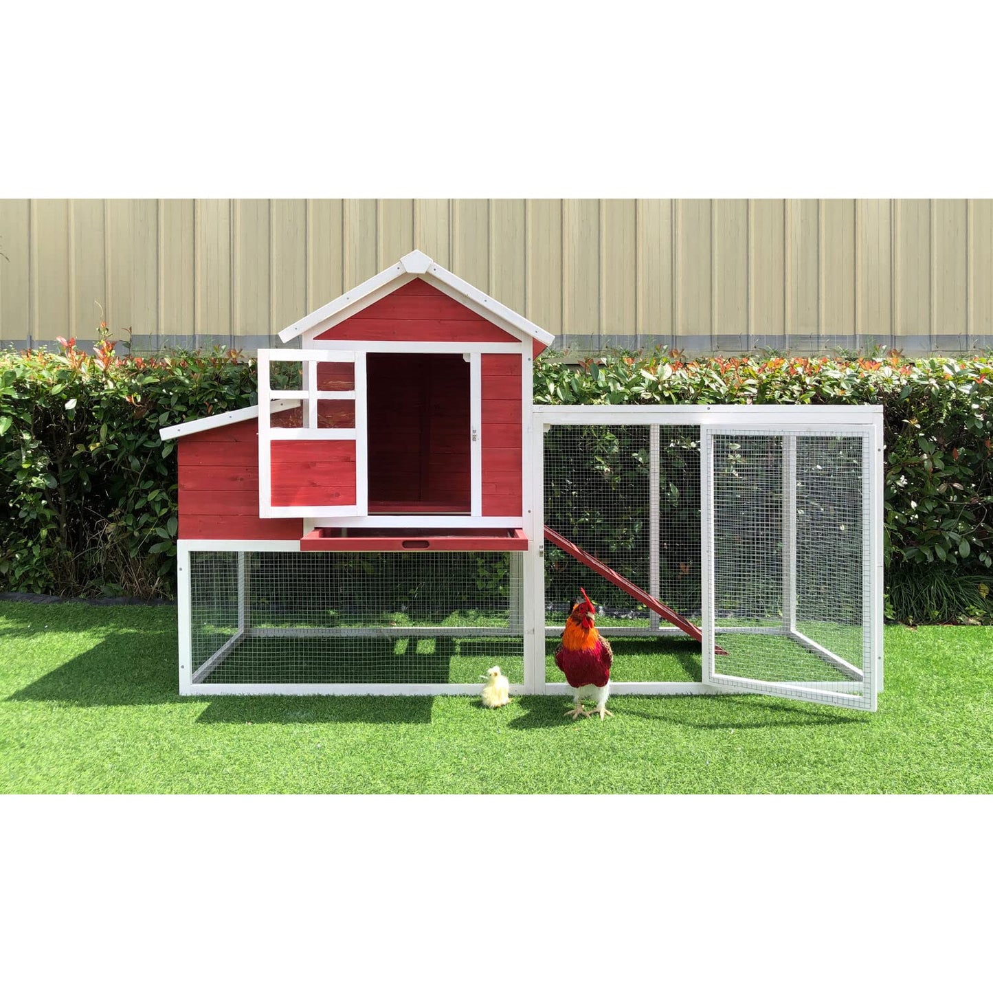 Hanover Outdoor Elevated Wooden Chicken Coop with Ramp, Nesting Box, Large Wire Mesh Run, Waterproof Roof, Removable Tray, Ventilated Fir Wood Chicken Run, Perfect for Backyard, Patio, or Lawn