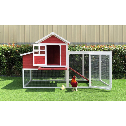 Hanover Outdoor Elevated Wooden Chicken Coop with Ramp, Nesting Box, Large Wire Mesh Run, Waterproof Roof, Removable Tray, Ventilated Fir Wood Chicken Run, Perfect for Backyard, Patio, or Lawn