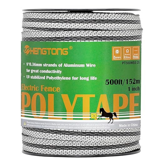 Electric Fence Poly Tape, Heavy-Duty Sure Shock PVC, Electric Fence for Livestock, 500ft(152m), 1 Inch, White and Black