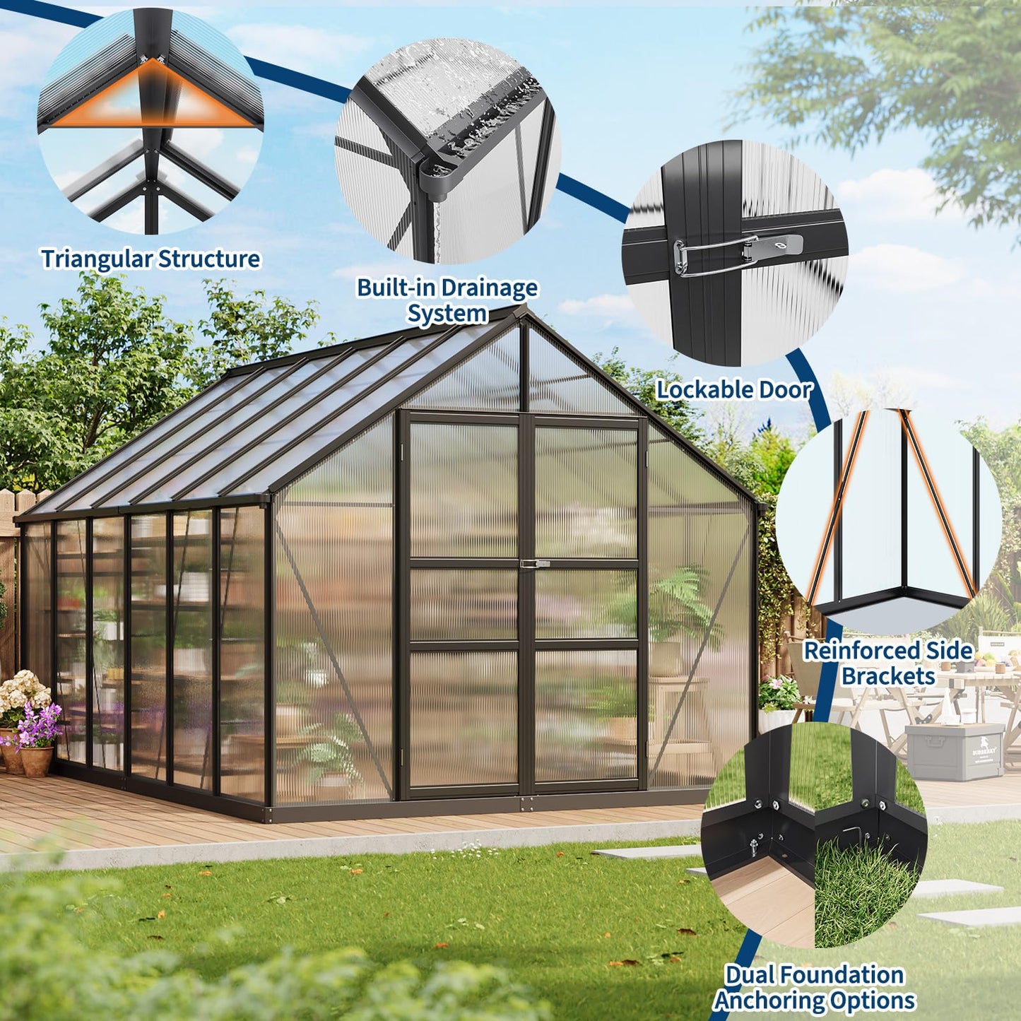Garvee 12x8 FT Greenhouse, Easy Assembly Polycarbonate Greenhouses for Outdoor with Adjustable Roof Vent, Large Aluminum Walk-in Greenhouse with Lockable Hinged Door for Patio, Backyard, Garden, Black