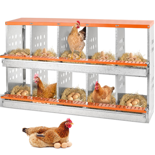 FuzzlyCo Chicken Nesting Box, 10 Compartment Nesting Boxes for Chicken Laying Eggs, Metal Chicken Laying Boxes with Roll Away Egg Collection, Heavy Duty Chicken Coop Nest Box