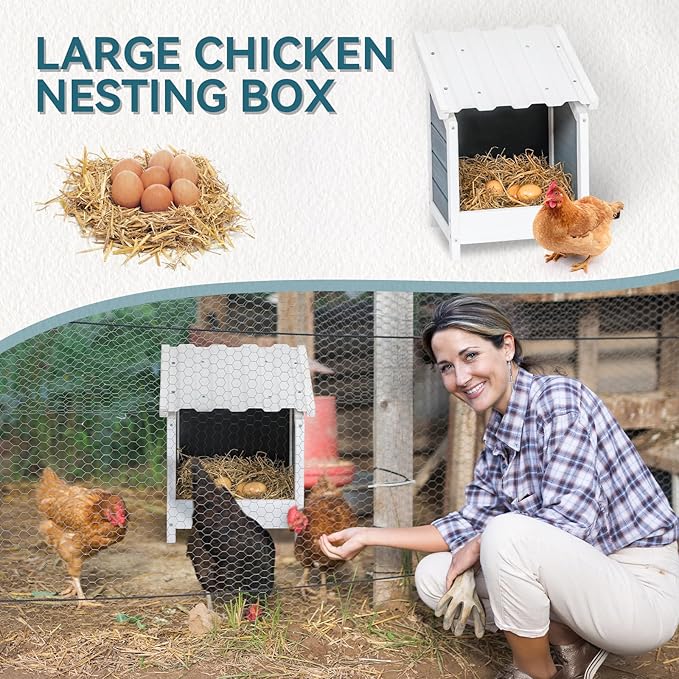 PETSFIT 1 Hole Chicken Nesting Box-All Weather PVC Roof, Natural Wood Design with Privacy Back Panel for Hens-Wall Mounted or Floor Use in Coops, Farms, Backyards,Easy to Assemble and Clean