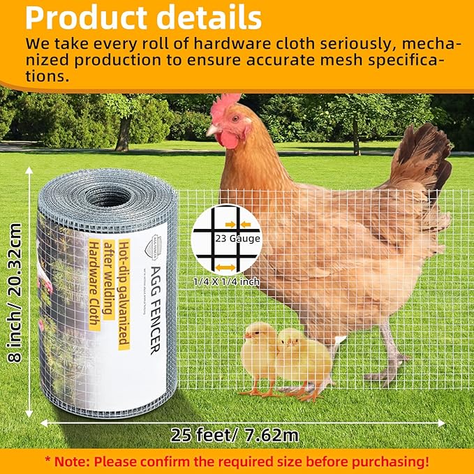 8inch x 25ft Hardware Cloth 1/4 inch Chicken Wire Fencing 23Ga, Hot Dipped Galvanized After Welding Garden Plant Supports Welded Metal Chicken Wire Fence, Poultry Animal Netting Cage Screen