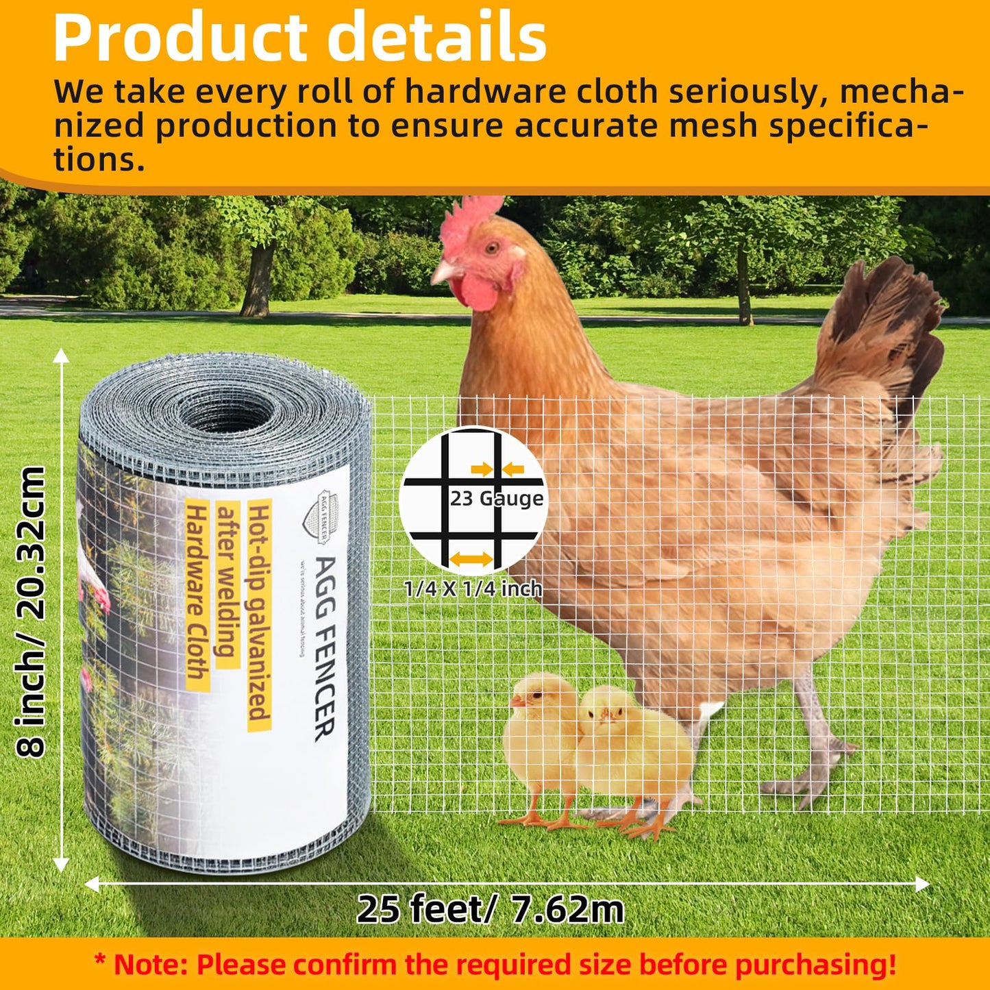 AggFencer 8inch x 25ft Hardware Cloth 1/4 inch Chicken Wire Fencing 23Ga, Hot Dipped Galvanized After Welding Garden Plant Supports Welded Metal Chicken Wire Fence, Poultry Animal Netting Cage Screen