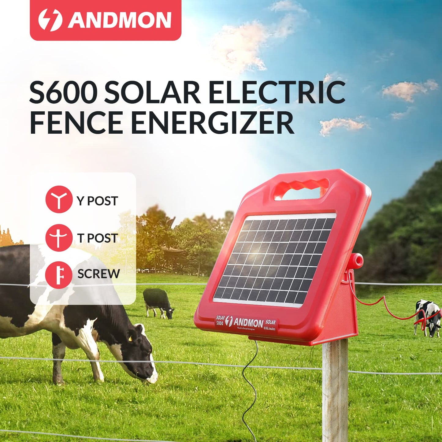 Andmon 50 Miles Solar Electric Fence Charger, 0.95 Joule High-Power Solar Fence Charger for Livestock, Horses, and Wildlife Control, Solar Electric Fence with Easy Installation
