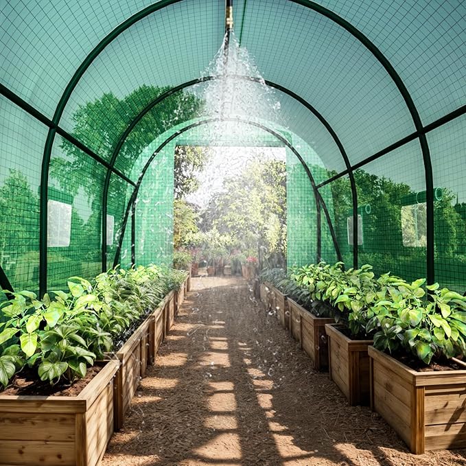 Greenhouse, Portable Greenhouses for Outdoors, Large Walk in Green House for Outside with Ventilated Roll-up Door and Reinforced Frame (Green, 10x10x7 ft w/ Irrigation System)
