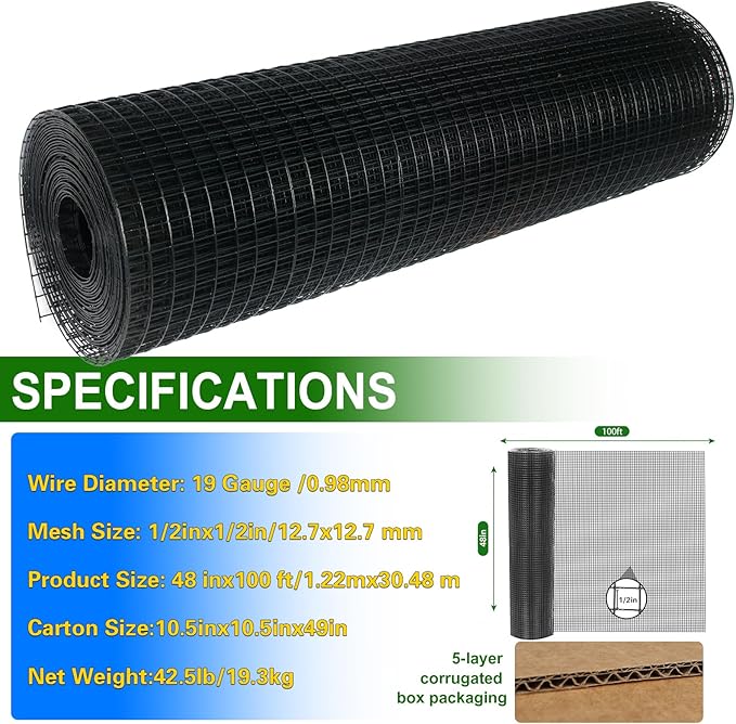 Black Hardware Cloth 1/2inx48inx100ft, 19GA, Chicken Wire Fencing Roll, Black Chicken Wire Mesh, Vinyl PVC Coated Welded Wire Mesh for Chicken Coop Barrier, Rabbit Snake Poultry Fences