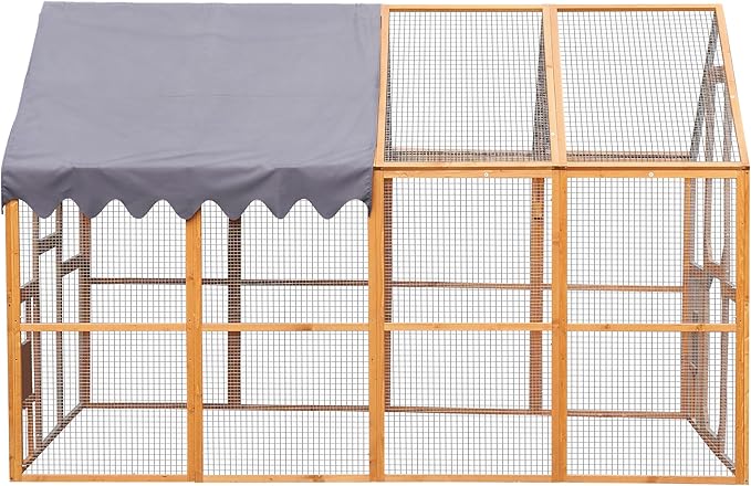 109.6'' Large Wood Chicken Coop Enclosures,Walk-in Poultry Cage, Chicken Run Pen Duck House with Waterproof and Anti-Ultraviolet Cover for Outdoor Farm Use Spire Roof, Yellow