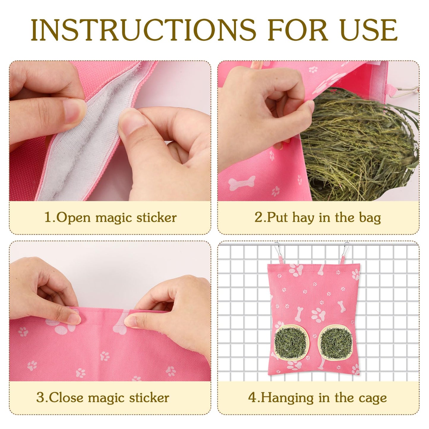 UPINS 3Pcs Hay Bag for Rabbits - 2-Hole Guinea Pig Hanging Hay Feeder for Rabbits, Chinchillas, Hamsters & Small Pets
